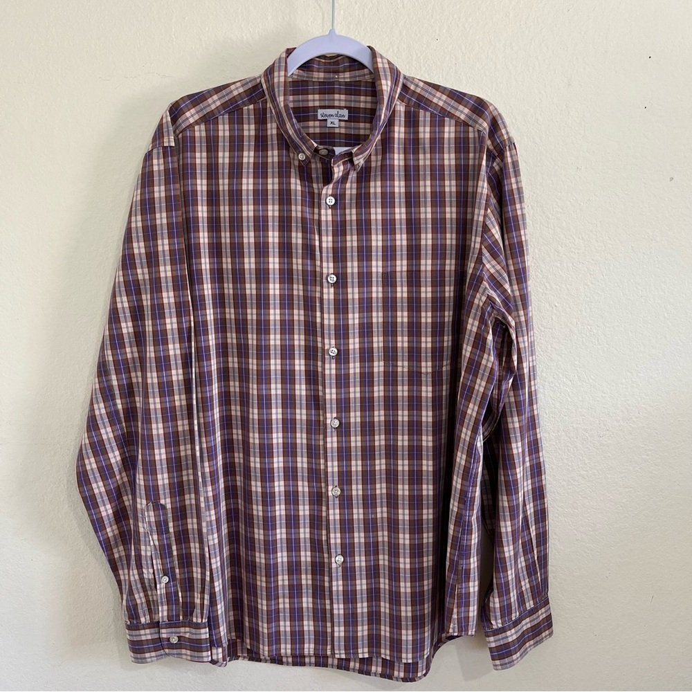 Steven Alan Purple, Olive Green, Red Plaid Long Sleeve Button Down Shirt Size XL
